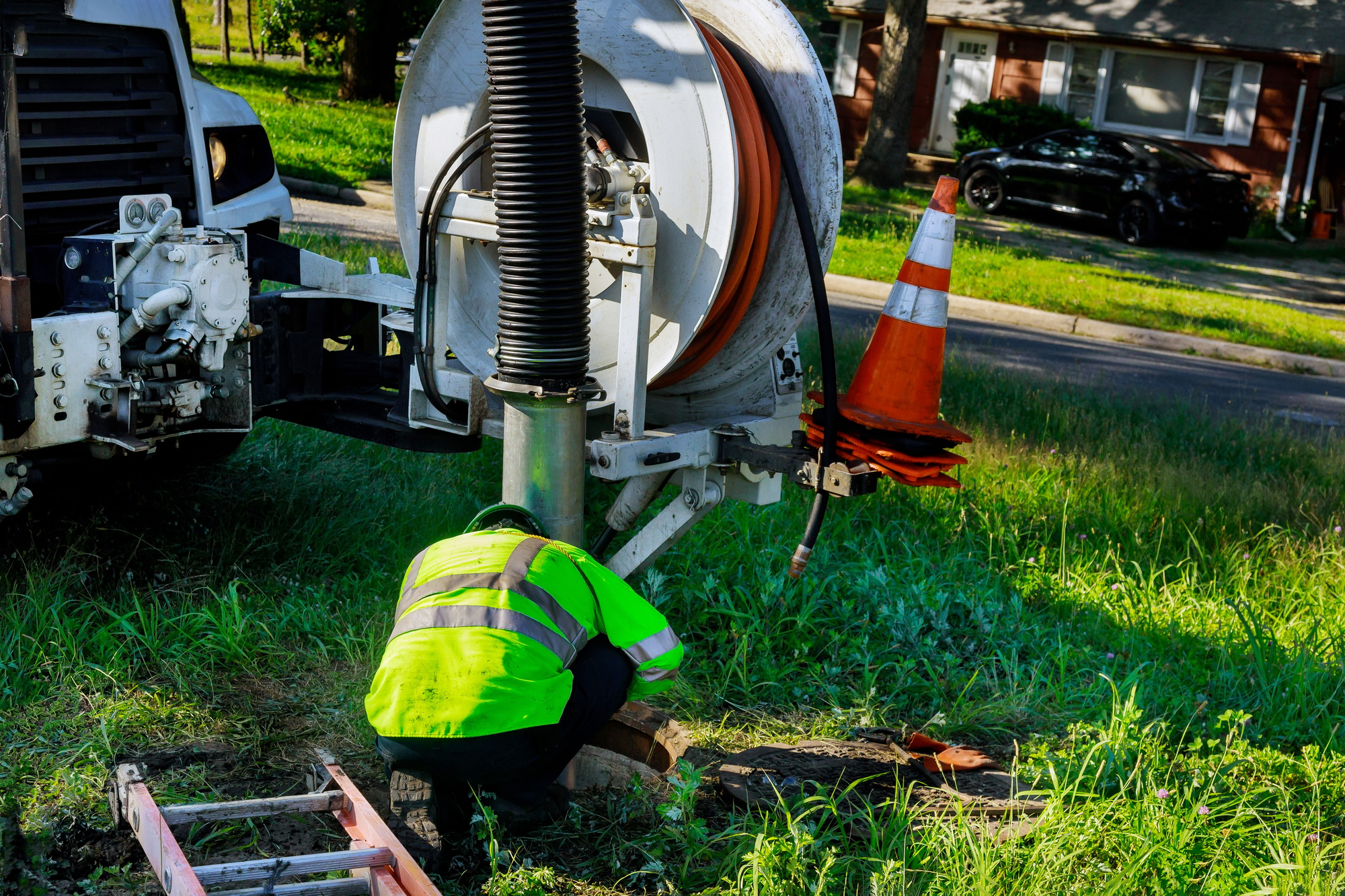 Sewage cleaning workers equipment with sewer on a town street on industrial truck